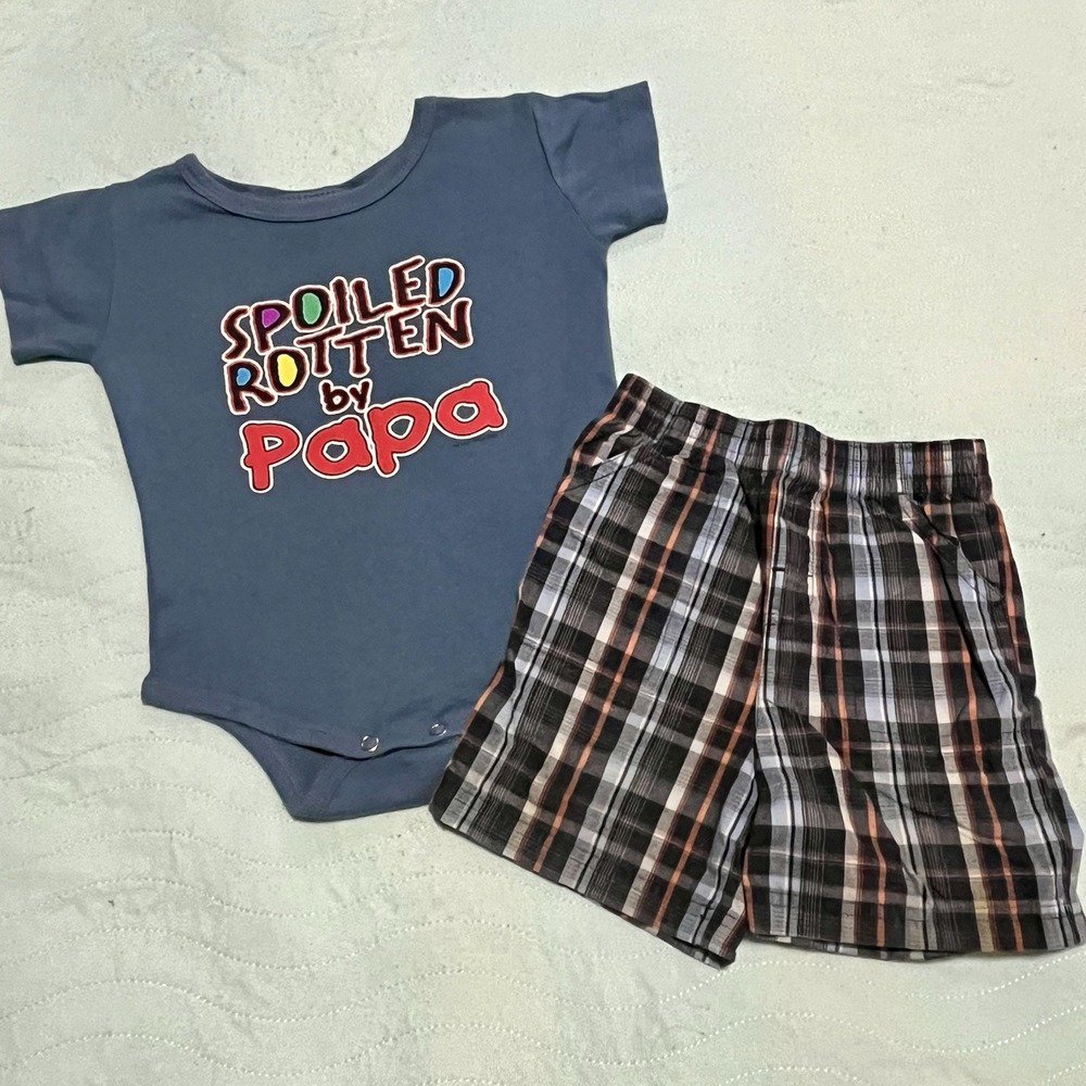 Happy kids USA one piece spoiled rotten by papa and Garanimals plaid shorts 24mo